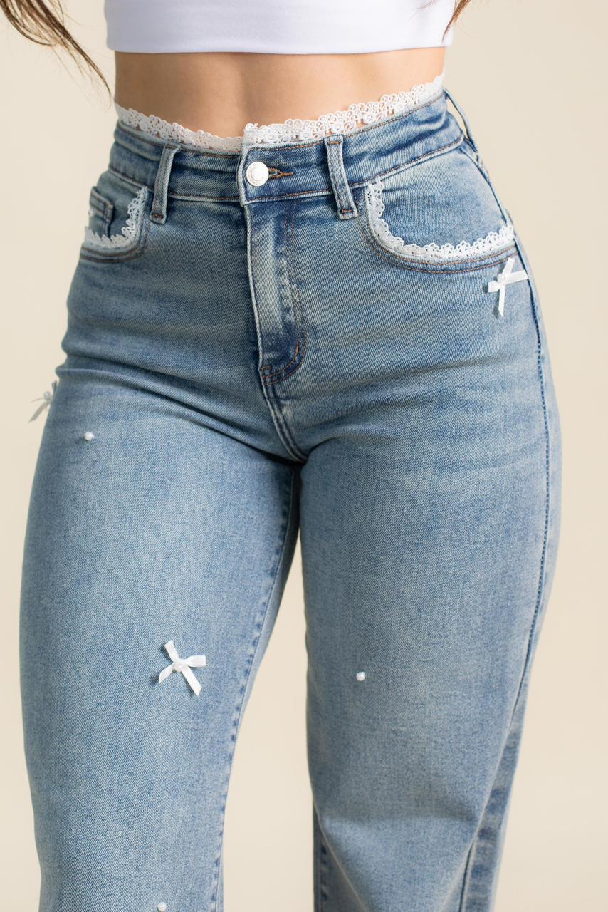 Pantalon JS Con Encaje Decorativo y Moños