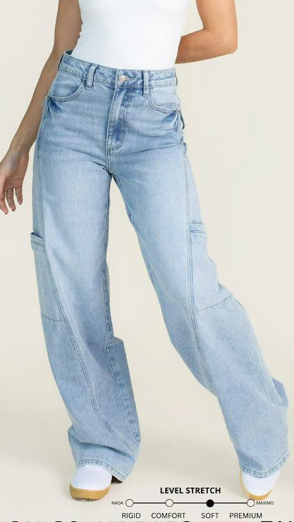 Pantalon Wide Leg Azull Claro Tipo Cargo Con Bolsas Falsas Traseras