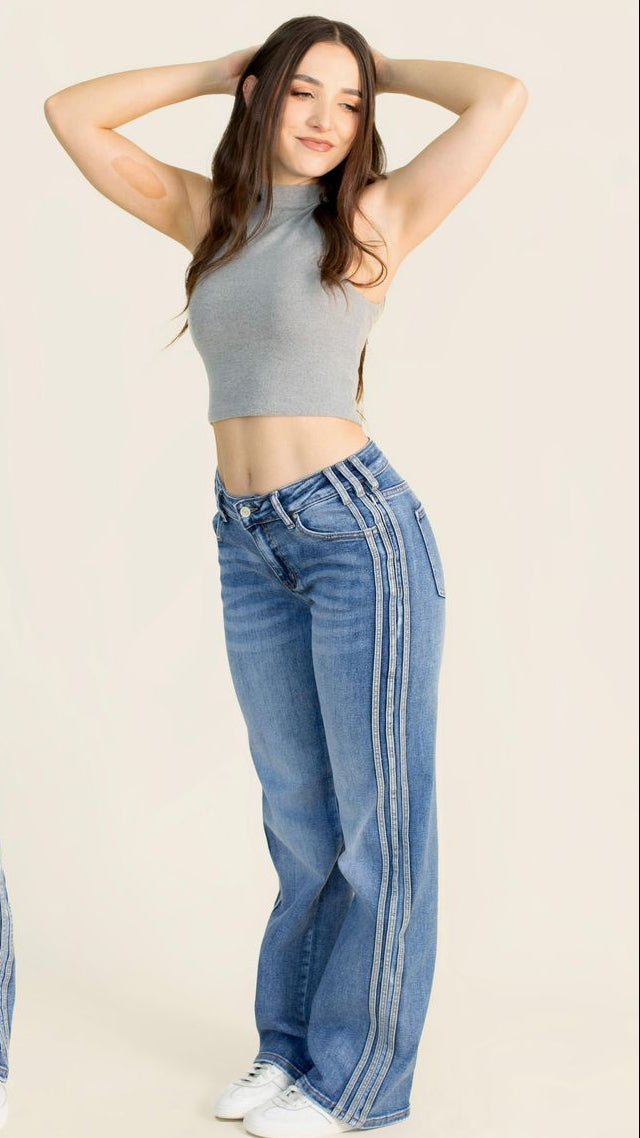 Pantalon De Mezclilla Wide Leg Con Listones  Al Costado