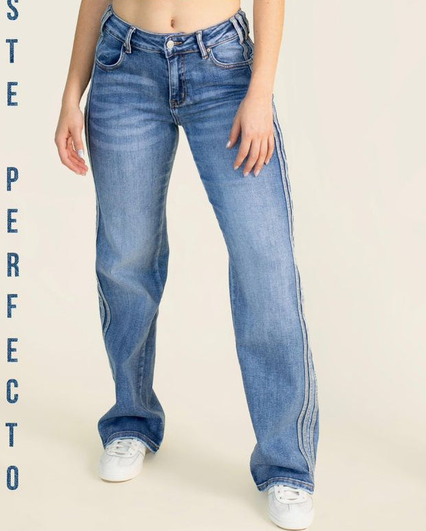 Pantalon De Mezclilla Wide Leg Con Listones  Al Costado
