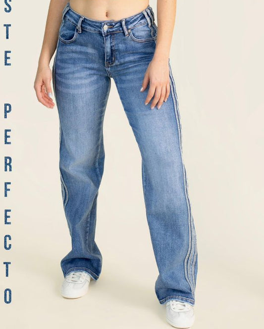 Pantalon De Mezclilla Wide Leg Con Listones  Al Costado