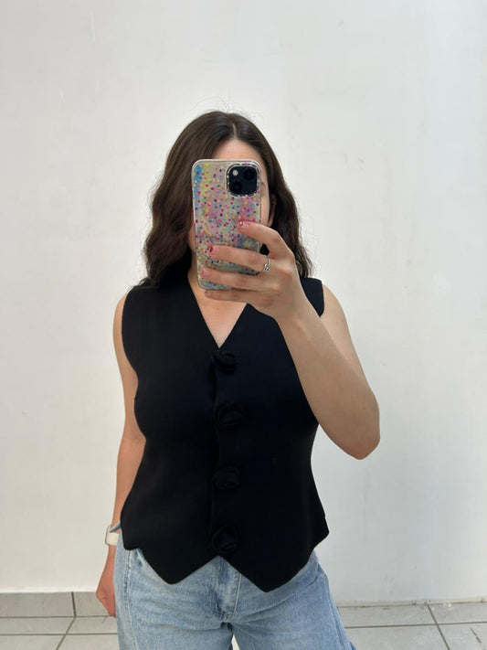 Chaleco Con Botones De Rosas En Tejido Fresco