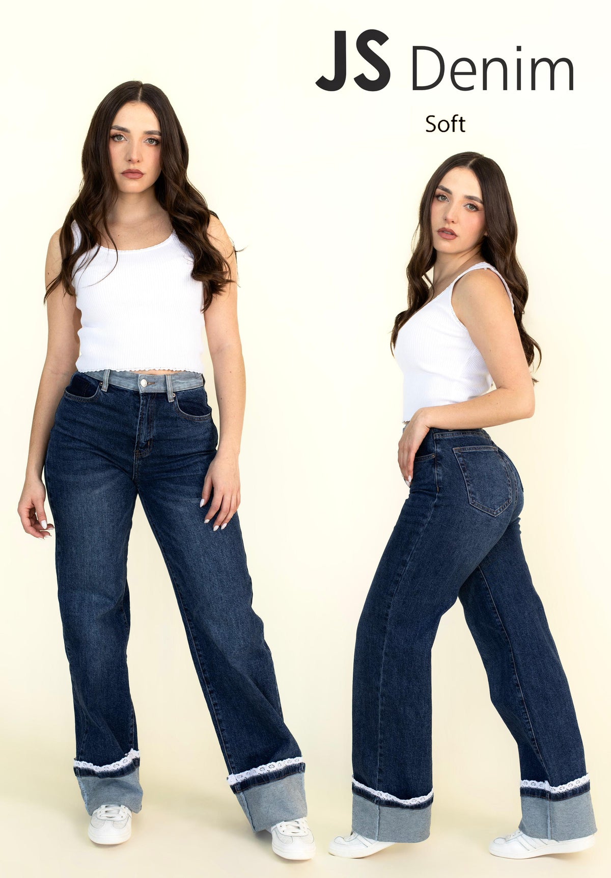 Pantalon Wide Leg Con Liston De Encaje En La Parte De La Bastilla