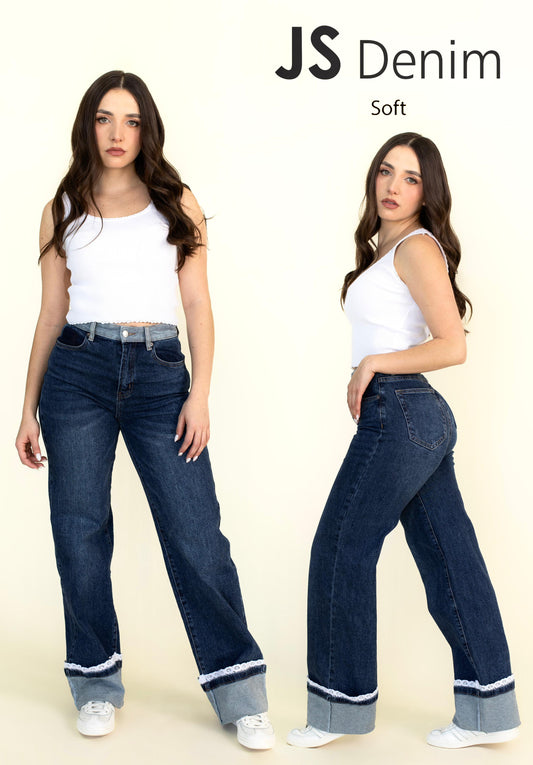 Pantalon Wide Leg Con Liston De Encaje En La Parte De La Bastilla