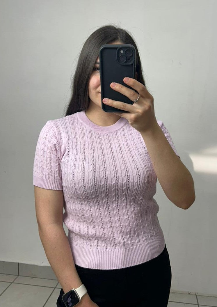 Blusa De Punto con Trenzas Verticales Manga Corta Cuello Redondo