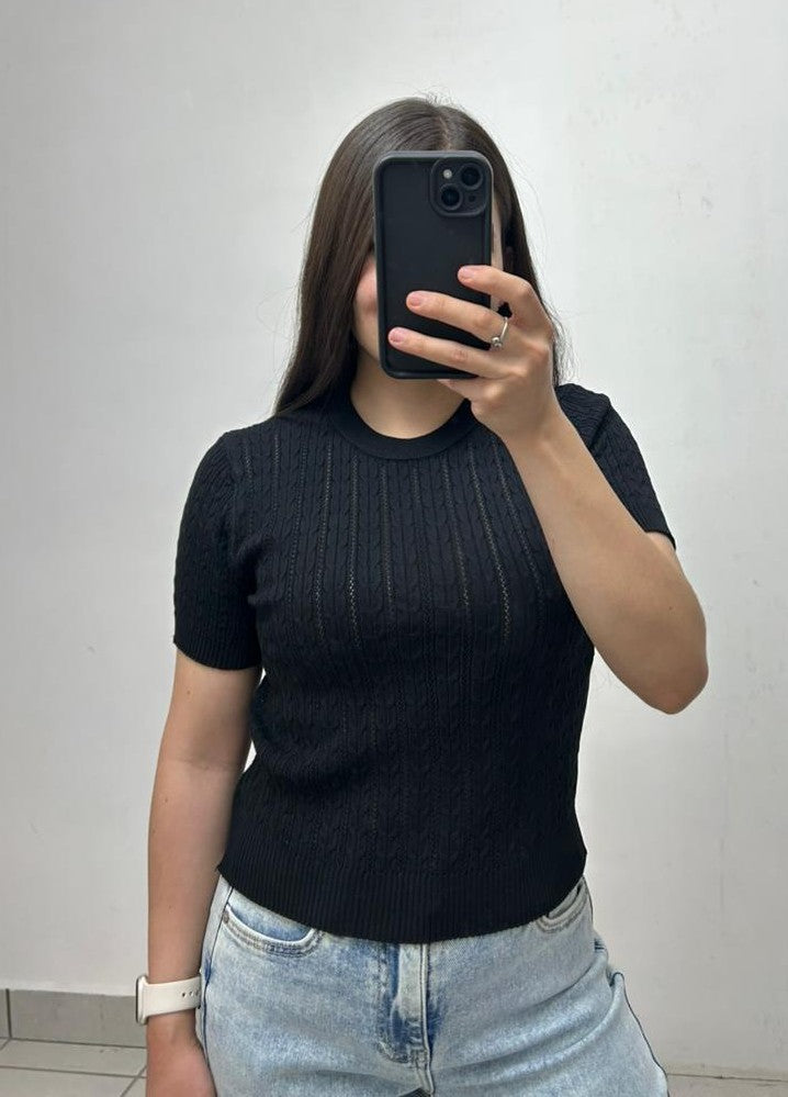 Blusa De Punto con Trenzas Verticales Manga Corta Cuello Redondo